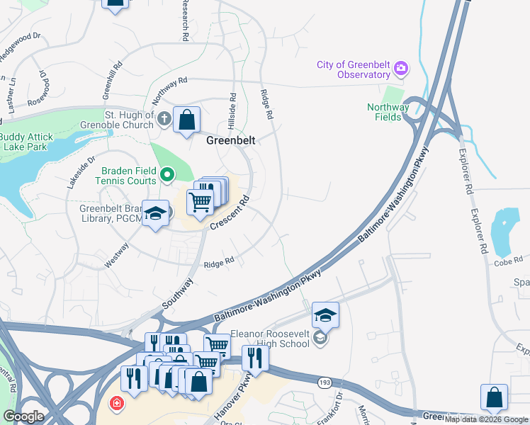 map of restaurants, bars, coffee shops, grocery stores, and more near 3b Gardenway in Greenbelt