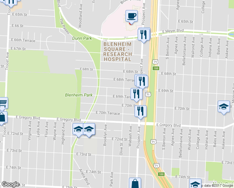 map of restaurants, bars, coffee shops, grocery stores, and more near 2229 East 69th Street in Kansas City