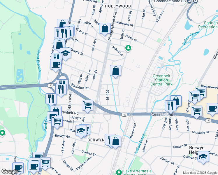 map of restaurants, bars, coffee shops, grocery stores, and more near 9017 50th Place in College Park