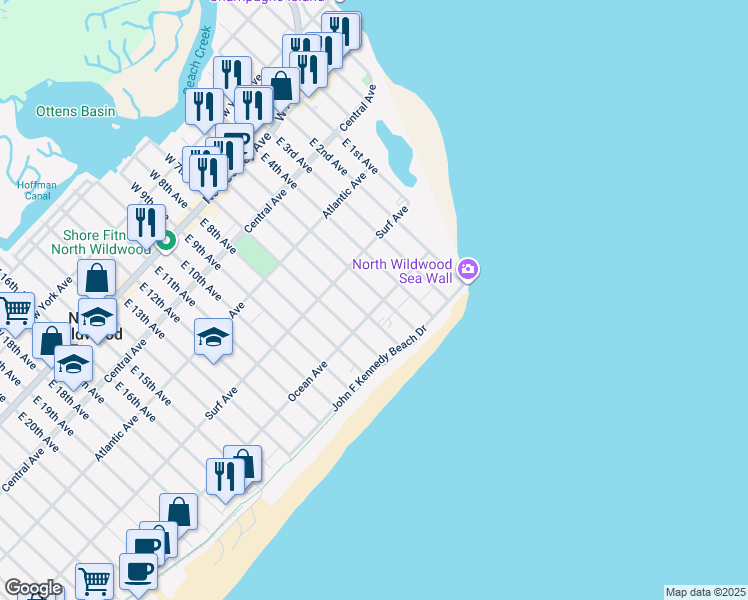 map of restaurants, bars, coffee shops, grocery stores, and more near 410 Ocean Avenue in North Wildwood