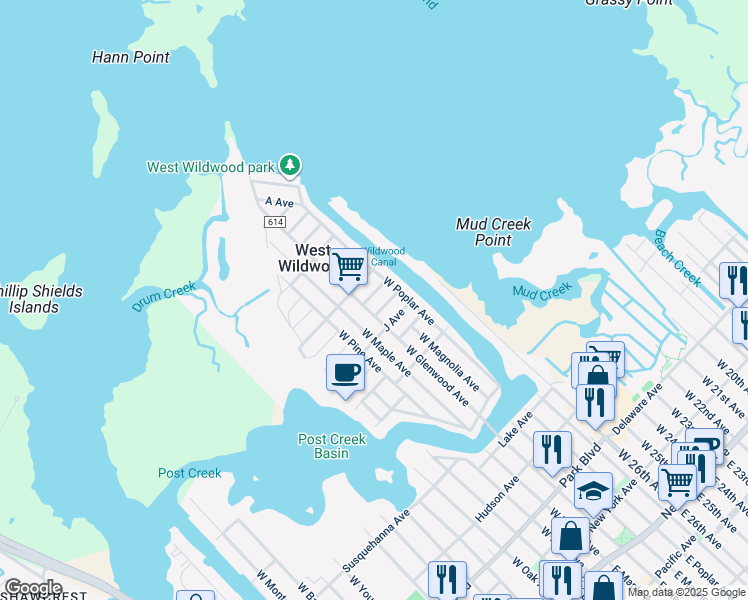 map of restaurants, bars, coffee shops, grocery stores, and more near 1 H Avenue in Wildwood