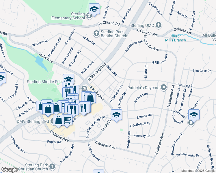 map of restaurants, bars, coffee shops, grocery stores, and more near 139 North Duke Drive in Sterling