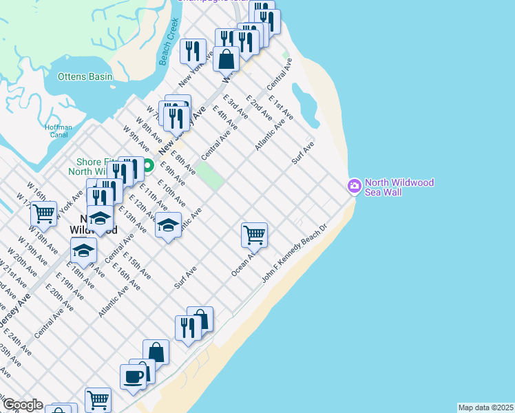 map of restaurants, bars, coffee shops, grocery stores, and more near 401 East 7th Avenue in North Wildwood