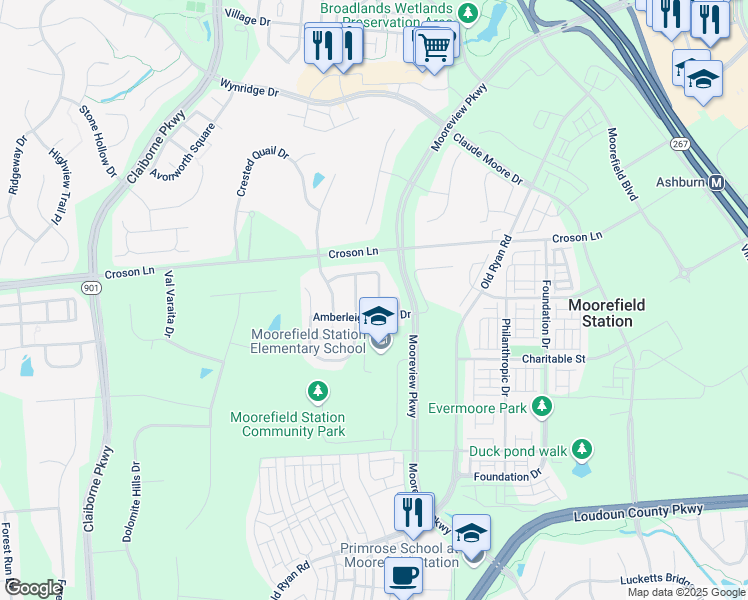 map of restaurants, bars, coffee shops, grocery stores, and more near 22247 Waterberry Terrace in Ashburn