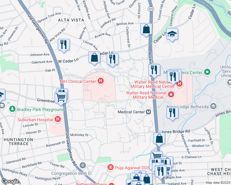 map of restaurants, bars, coffee shops, grocery stores, and more near Memorial Rd in Bethesda