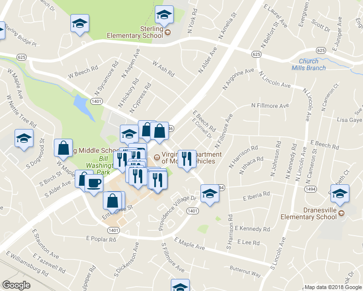map of restaurants, bars, coffee shops, grocery stores, and more near 302 East Furman Drive in Sterling