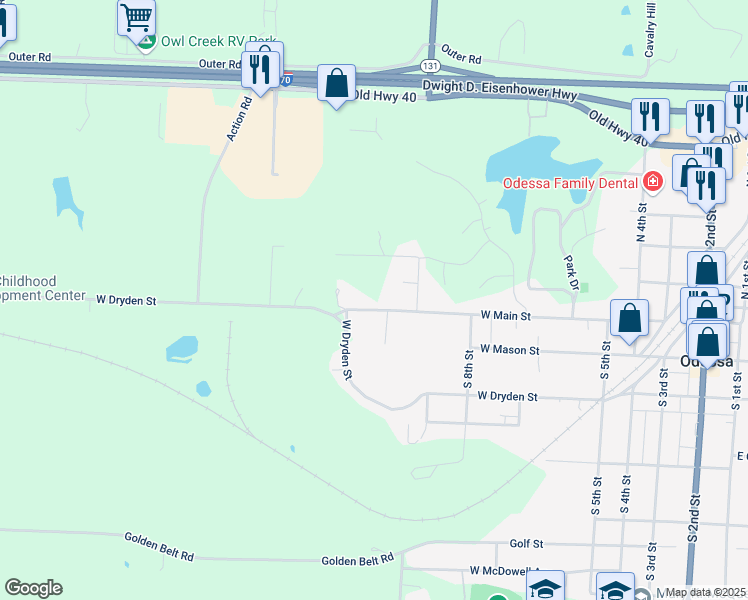 map of restaurants, bars, coffee shops, grocery stores, and more near 911 West Main Street in Odessa