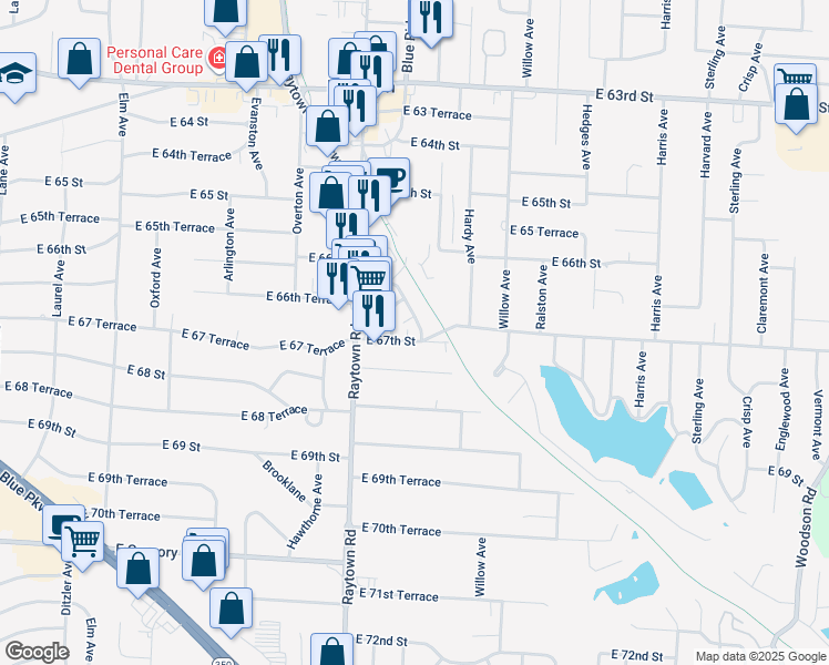 map of restaurants, bars, coffee shops, grocery stores, and more near 6653 Maywood Avenue in Raytown