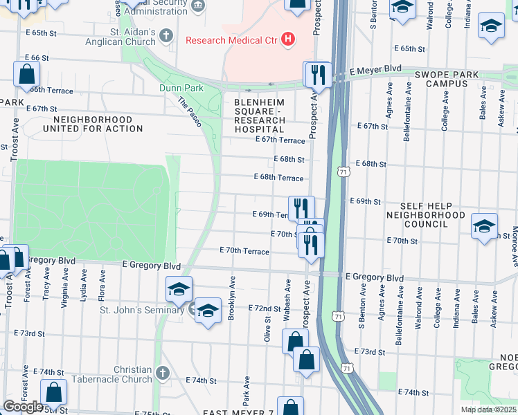 map of restaurants, bars, coffee shops, grocery stores, and more near 2229 East 69th Street in Kansas City