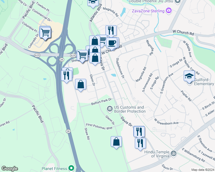map of restaurants, bars, coffee shops, grocery stores, and more near 45402 Gable Square in Sterling