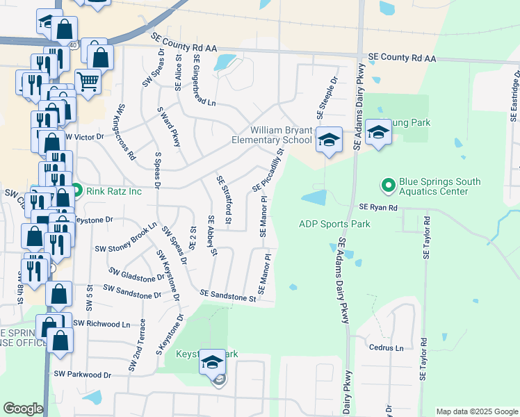 map of restaurants, bars, coffee shops, grocery stores, and more near 1609 Southeast Manor Place in Blue Springs