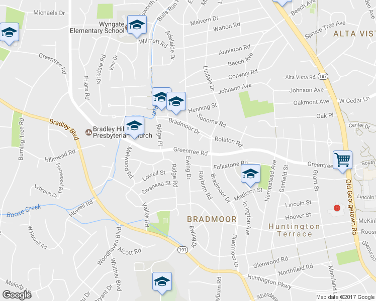 map of restaurants, bars, coffee shops, grocery stores, and more near Greentree Rd & Ewing Dr in Bethesda