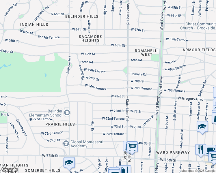 map of restaurants, bars, coffee shops, grocery stores, and more near 2118 West 70th Terrace in Mission Hills