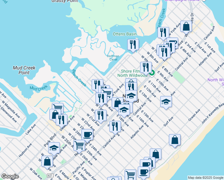 map of restaurants, bars, coffee shops, grocery stores, and more near 204 West 15th Avenue in North Wildwood