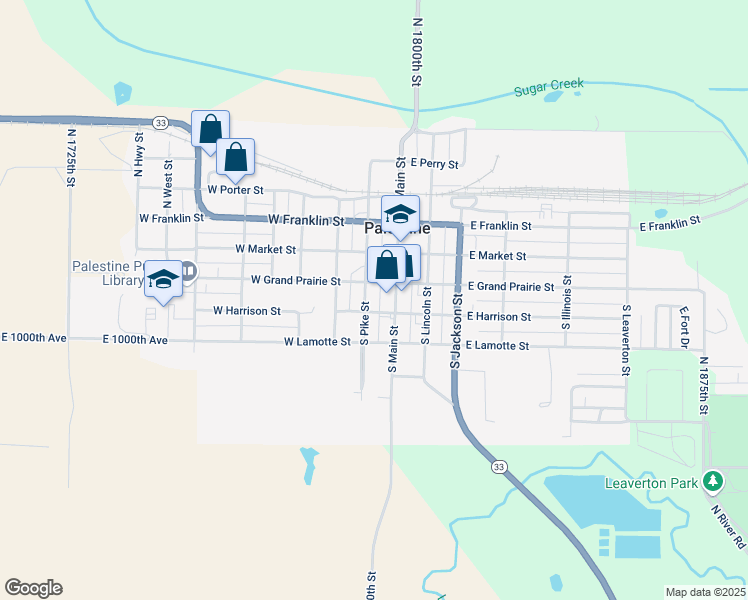 map of restaurants, bars, coffee shops, grocery stores, and more near 149 West Grand Prairie Street in Palestine