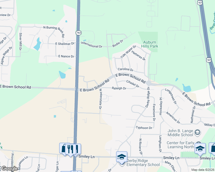 map of restaurants, bars, coffee shops, grocery stores, and more near 1312 East Brown School Road in Columbia