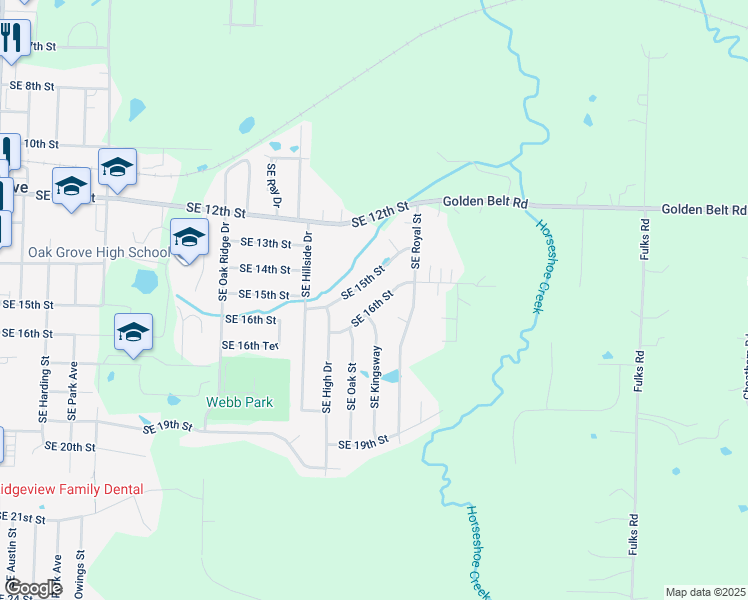 map of restaurants, bars, coffee shops, grocery stores, and more near 1504 Southeast 16th Street Place in Oak Grove