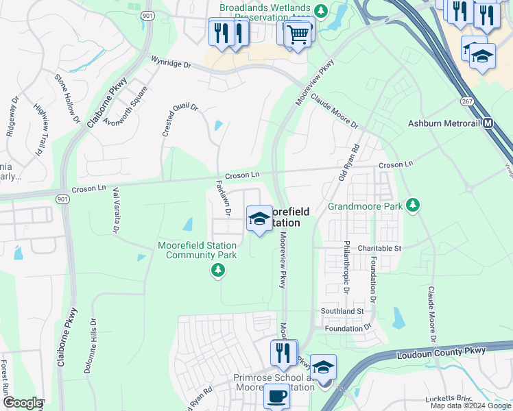 map of restaurants, bars, coffee shops, grocery stores, and more near 22245 Waterberry Terrace in Ashburn