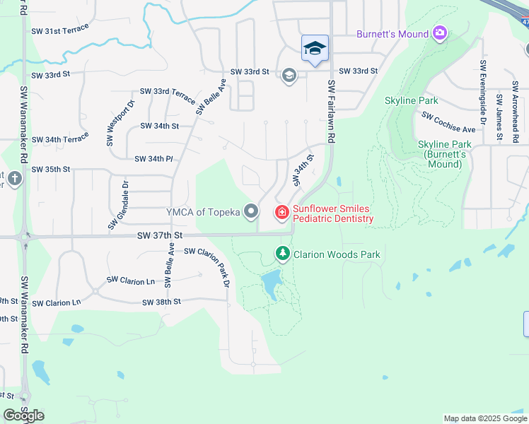map of restaurants, bars, coffee shops, grocery stores, and more near 3614 Southwest Chelsea Drive in Topeka