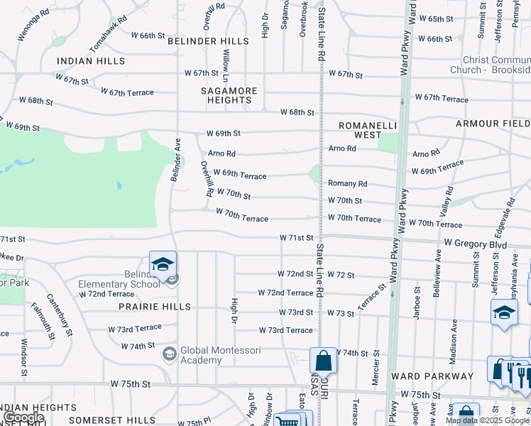 map of restaurants, bars, coffee shops, grocery stores, and more near 2118 West 70th Terrace in Mission Hills