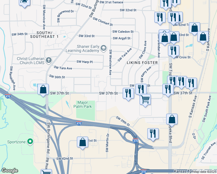 map of restaurants, bars, coffee shops, grocery stores, and more near 1413 Southwest Armagh Street in Topeka
