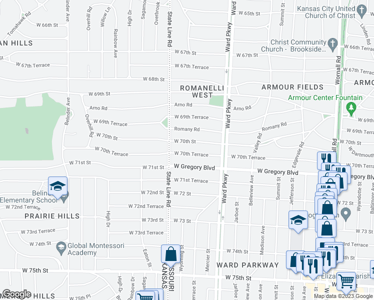 map of restaurants, bars, coffee shops, grocery stores, and more near 1226 West 70th Terrace in Kansas City