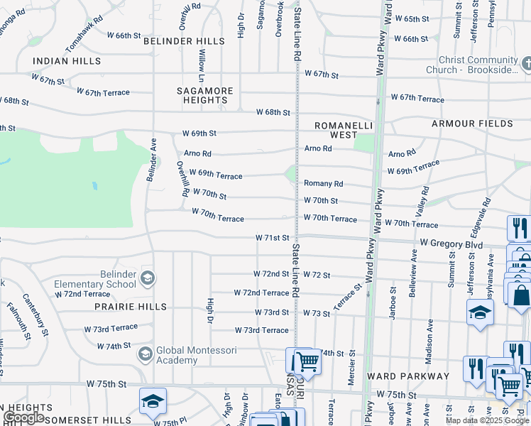 map of restaurants, bars, coffee shops, grocery stores, and more near 2018 West 70th Terrace in Mission Hills