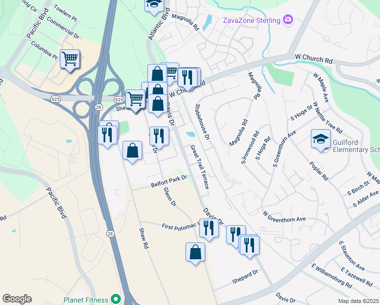 map of restaurants, bars, coffee shops, grocery stores, and more near 45486 Pine Trail Terrace in Sterling