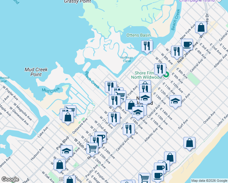 map of restaurants, bars, coffee shops, grocery stores, and more near 1605 Delaware Avenue in North Wildwood