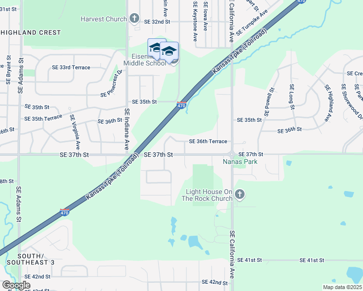 map of restaurants, bars, coffee shops, grocery stores, and more near 1719 Southeast 36th Terrace in Topeka