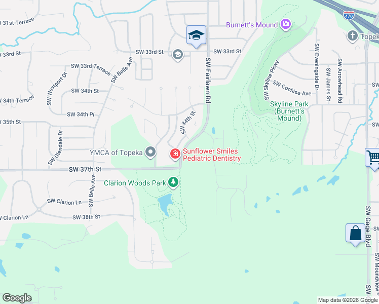 map of restaurants, bars, coffee shops, grocery stores, and more near 3640 Southwest Fairlawn Road in Topeka