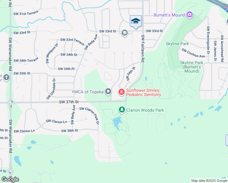 map of restaurants, bars, coffee shops, grocery stores, and more near 3614 Southwest Chelsea Drive in Topeka
