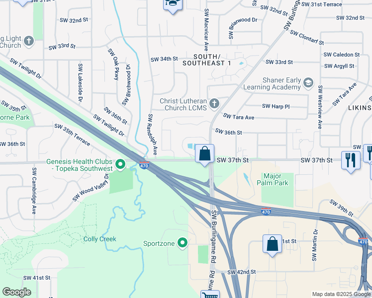 map of restaurants, bars, coffee shops, grocery stores, and more near 2325 Southwest Mayfair Place in Topeka