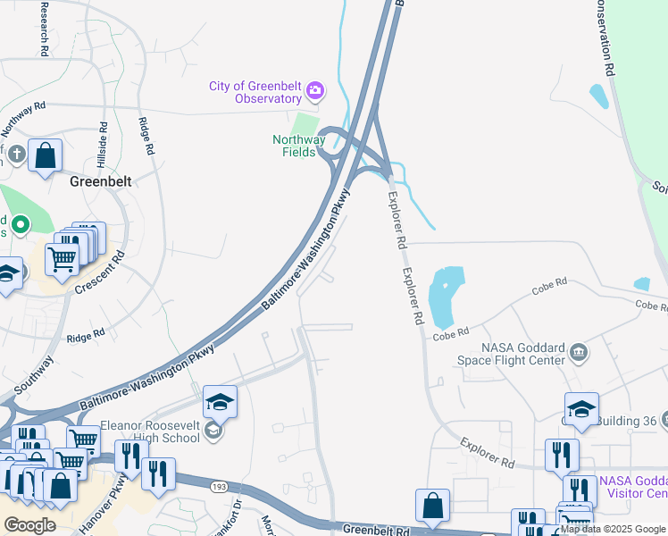 map of restaurants, bars, coffee shops, grocery stores, and more near 8001 Mandan Road in Greenbelt