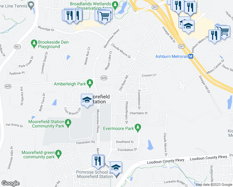 map of restaurants, bars, coffee shops, grocery stores, and more near 43326 Old Ryan Road in Ashburn