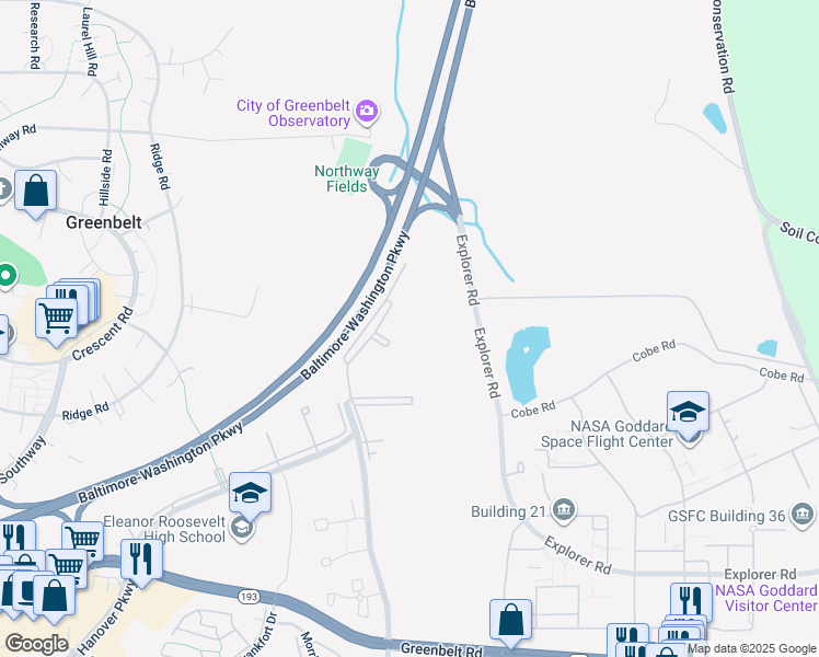map of restaurants, bars, coffee shops, grocery stores, and more near 8007 Mandan Road in Greenbelt