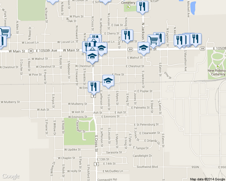 map of restaurants, bars, coffee shops, grocery stores, and more near 599 South Webster Street in Robinson
