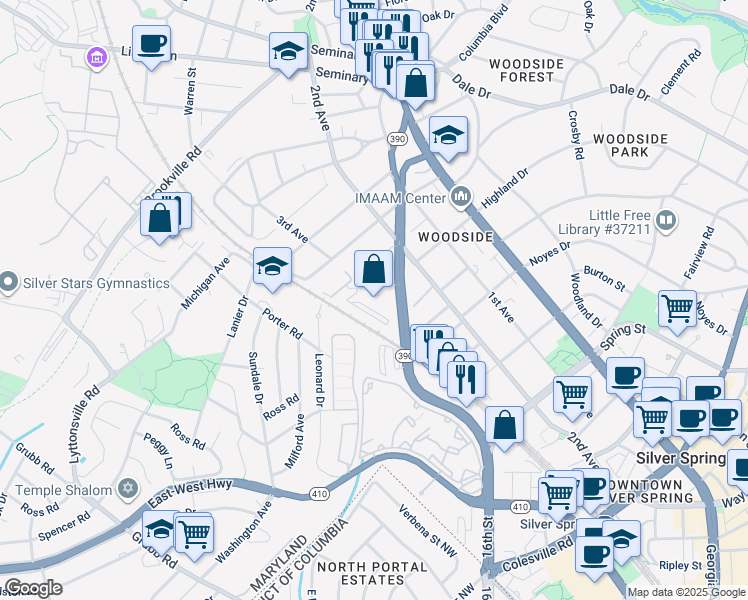 map of restaurants, bars, coffee shops, grocery stores, and more near 1900 Lyttonsville Road in Silver Spring