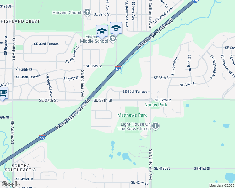 map of restaurants, bars, coffee shops, grocery stores, and more near 1719 Southeast 36th Terrace in Topeka