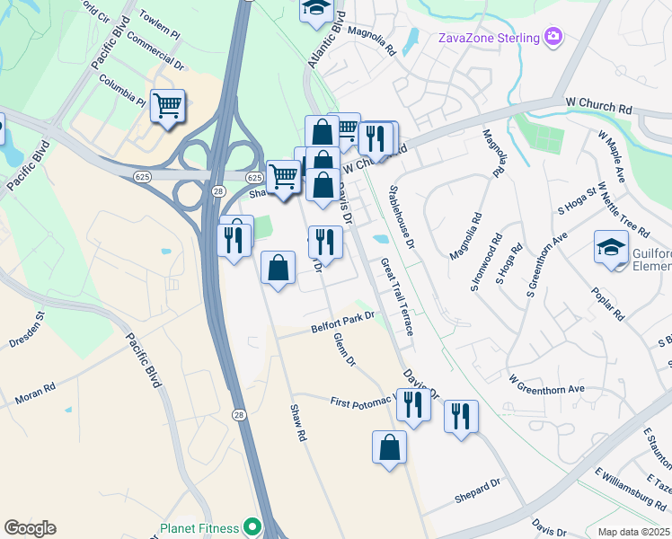 map of restaurants, bars, coffee shops, grocery stores, and more near 45281 Gable Square in Sterling