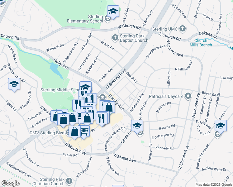map of restaurants, bars, coffee shops, grocery stores, and more near 121 North Baylor Drive in Sterling