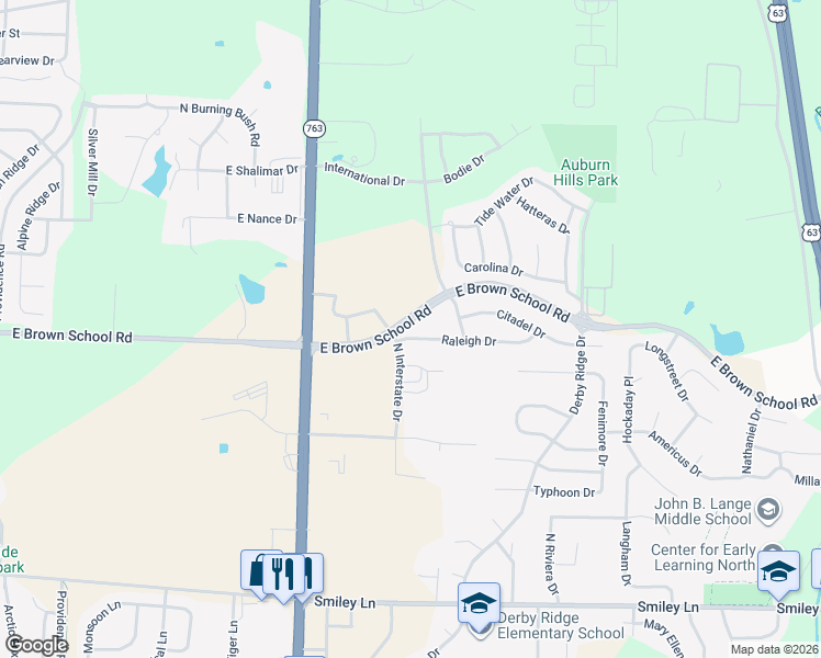 map of restaurants, bars, coffee shops, grocery stores, and more near 1312 East Brown School Road in Columbia