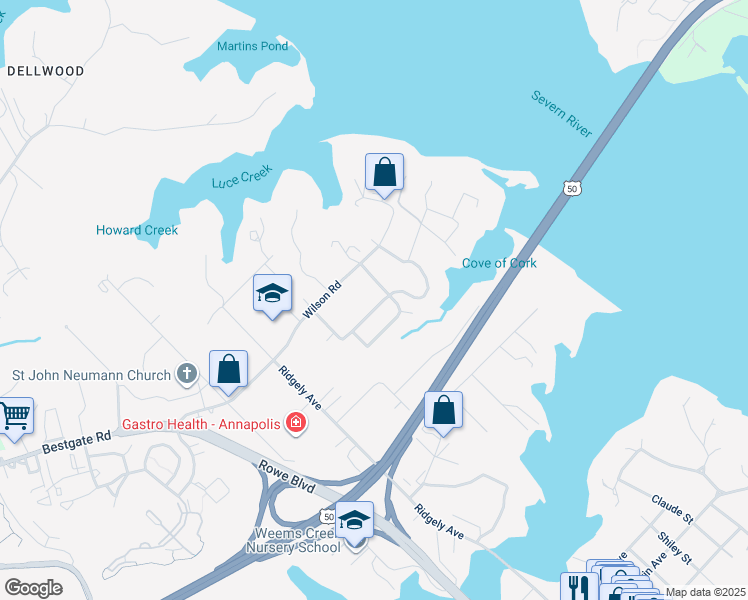 map of restaurants, bars, coffee shops, grocery stores, and more near 1890 Lindamoor Drive in Annapolis