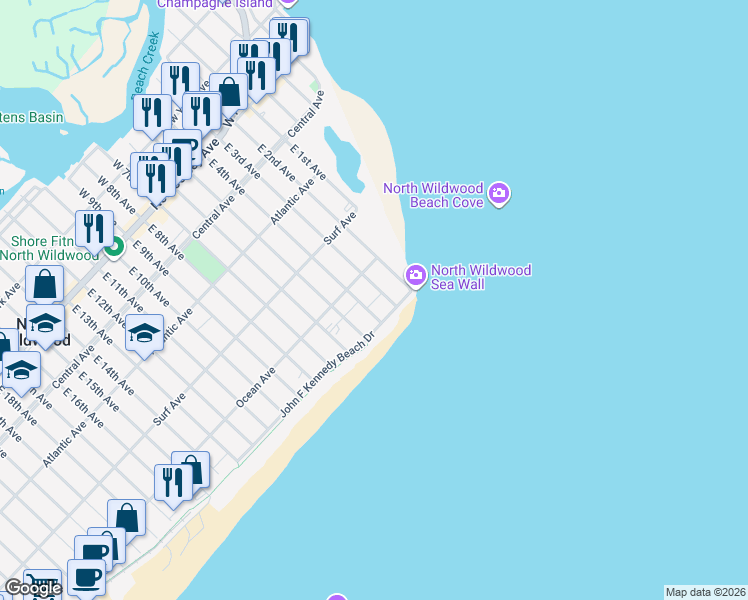map of restaurants, bars, coffee shops, grocery stores, and more near 514 E 3rd Ave in Wildwood