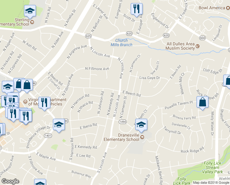 map of restaurants, bars, coffee shops, grocery stores, and more near 124 North Kennedy Road in Sterling