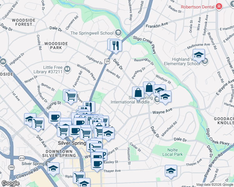 map of restaurants, bars, coffee shops, grocery stores, and more near 8611 Mayfair Place in Silver Spring