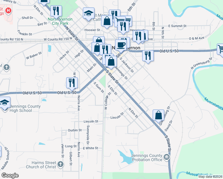 map of restaurants, bars, coffee shops, grocery stores, and more near 30 West College Street in North Vernon