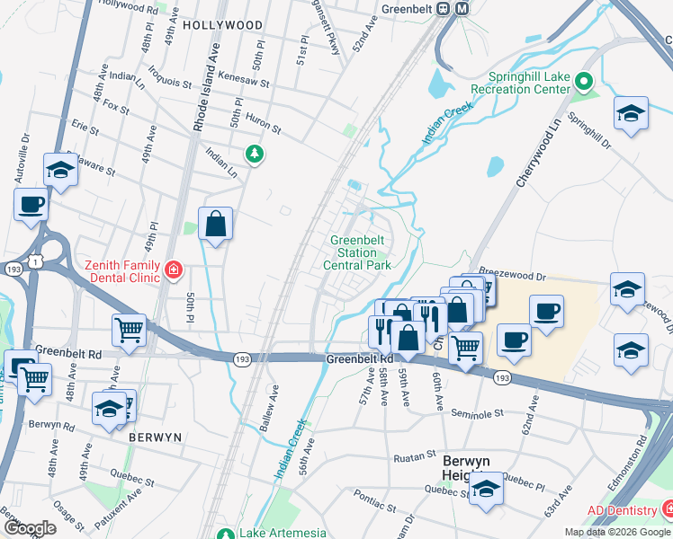 map of restaurants, bars, coffee shops, grocery stores, and more near 8129 Greenbelt Station Parkway in Greenbelt
