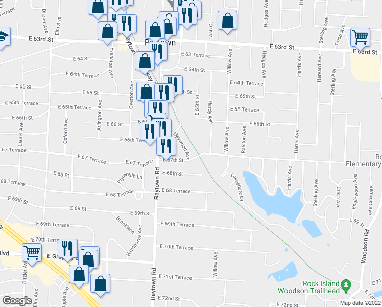 map of restaurants, bars, coffee shops, grocery stores, and more near 6653 Maywood Ave in Raytown