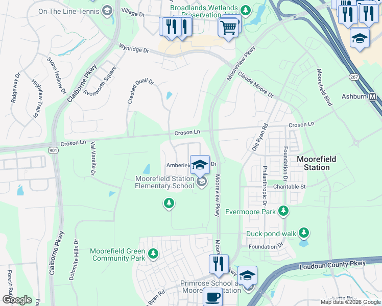 map of restaurants, bars, coffee shops, grocery stores, and more near 22236 Splitrock Way in Ashburn